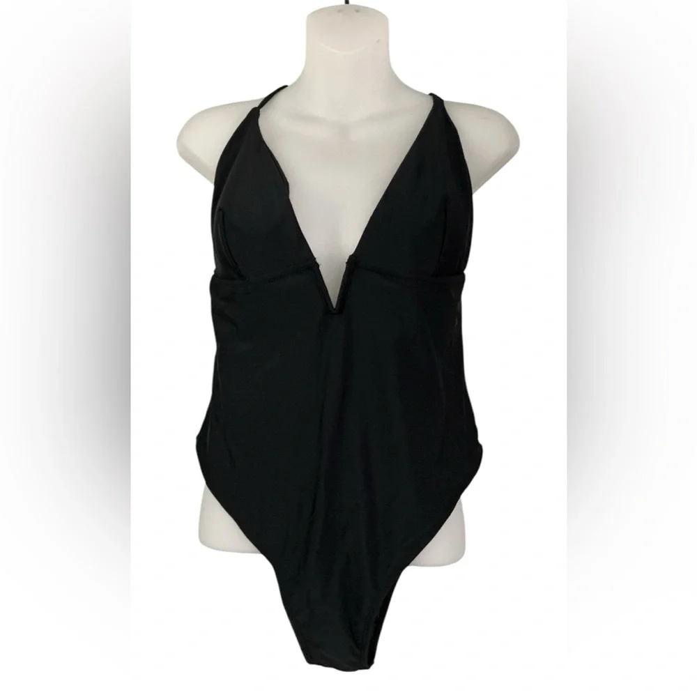 Black One Piece Bathing Suit Deep V Neck Crisscross Back